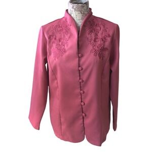 Adrienne Landau Pink Embroidered Mandarin Collar Button Front Blouse Top M